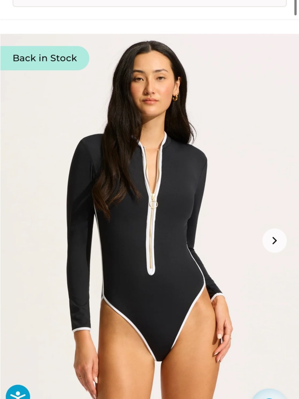Seafolly Black Long-Sleeve Zip Front One-Piece Swimsuit with White Trim